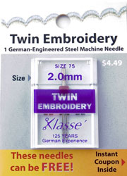 Klass Twin Embroidery Needle 1 PK - 3.0 mm/Size 75