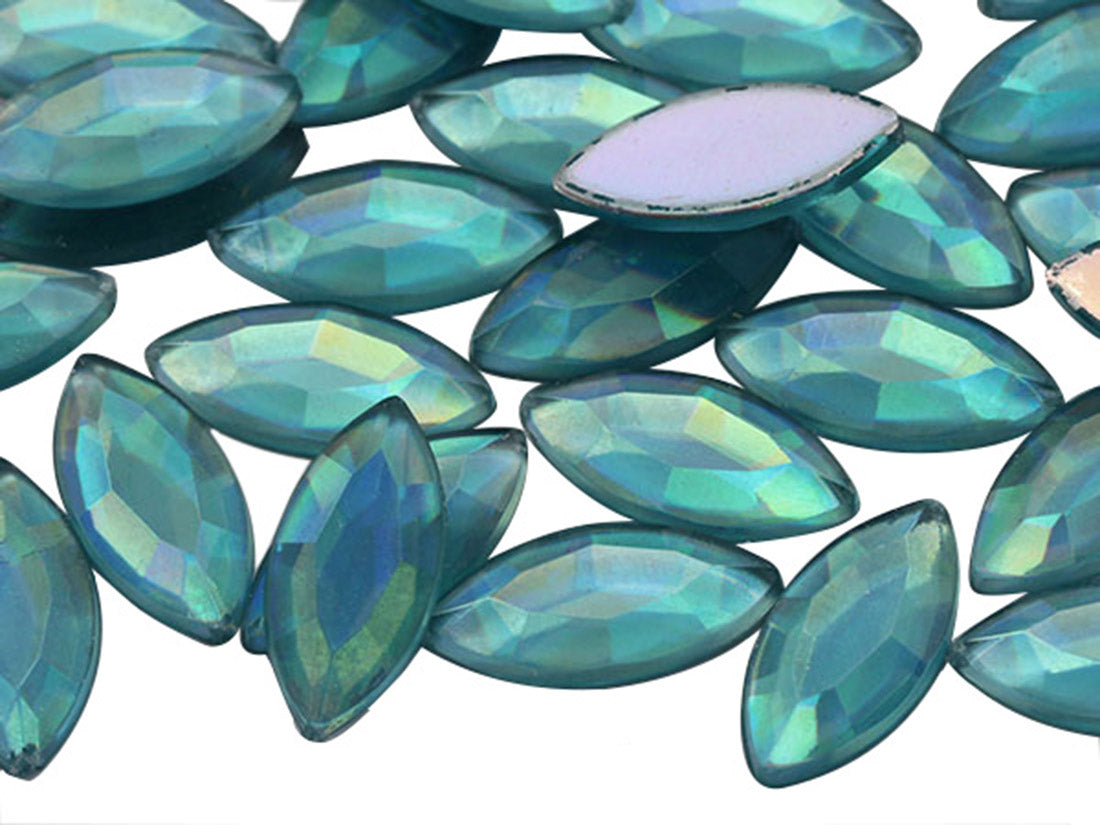 Blue Aqua AB Flat Back Navette Gems - 15x7mm - 40 Pieces