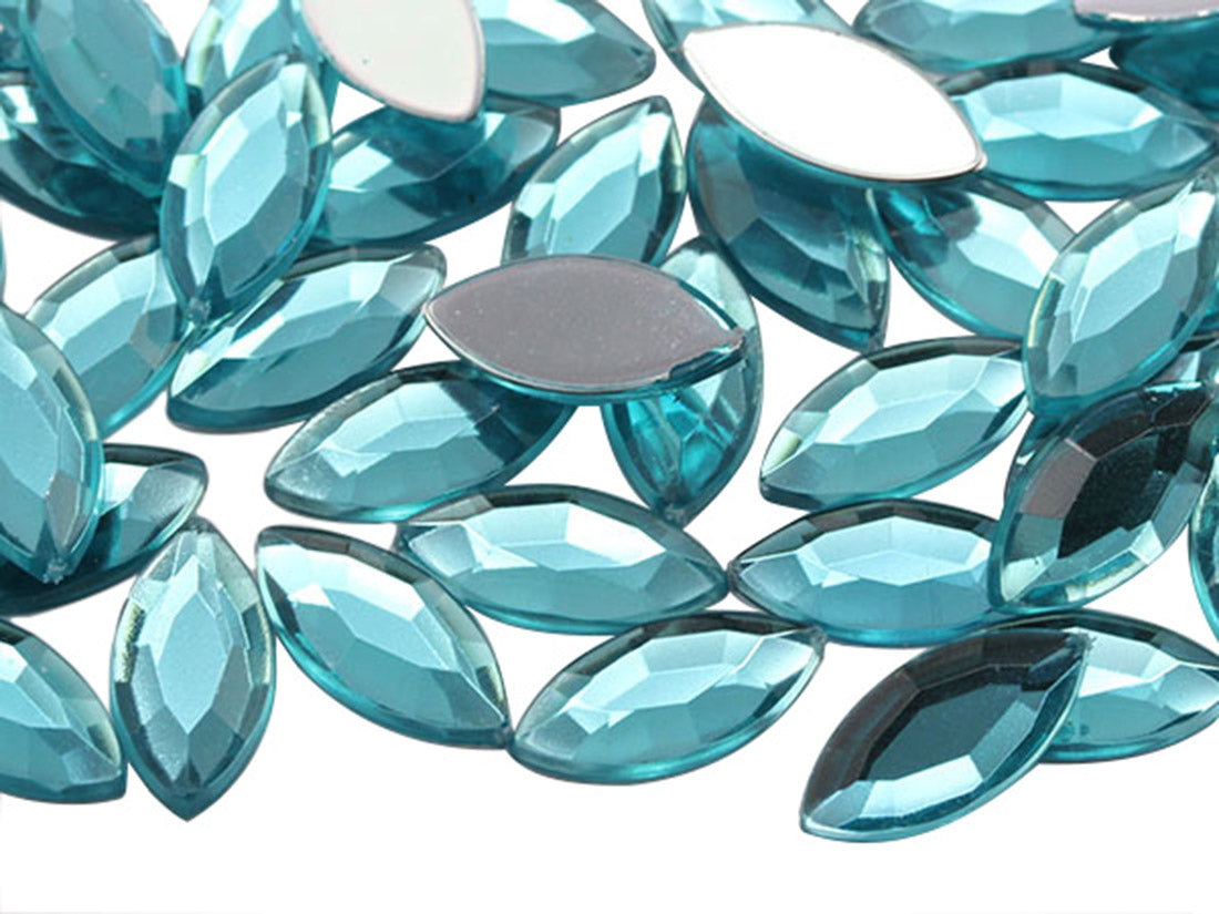 Blue Aqua Flat Back Navette Gems - 15x7mm - 40 Pieces