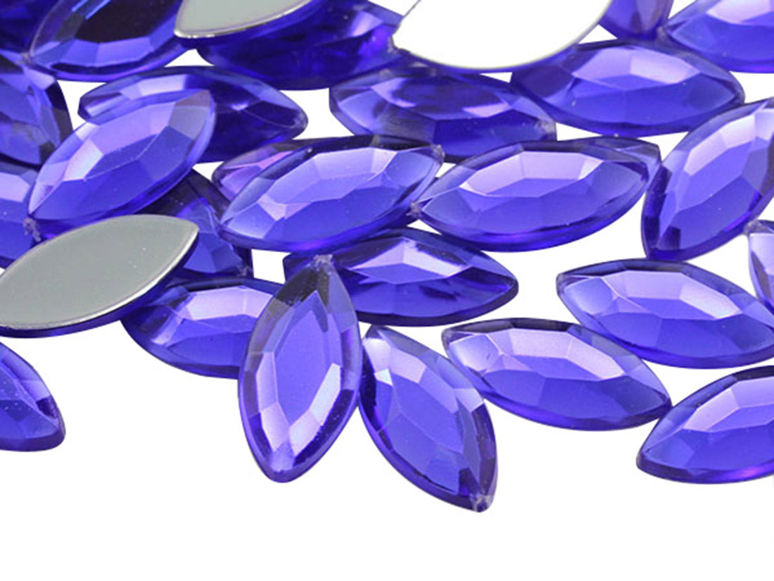 Purple Violet Flat Back Navette Gems - 15x7mm - 40 Pieces
