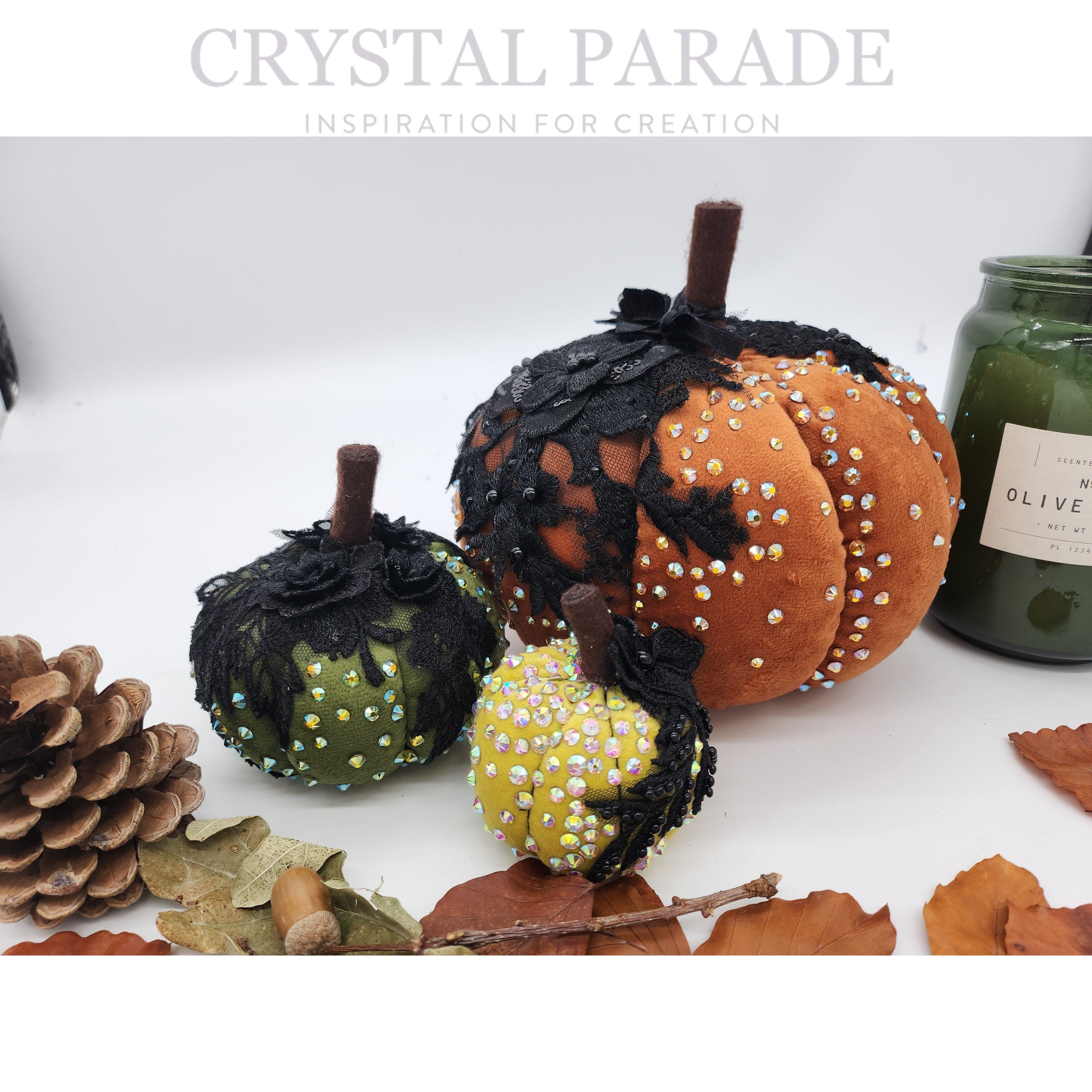 Hand Embellished Plush Pumpkins - Set of 3 - Lace Autumn Leaves