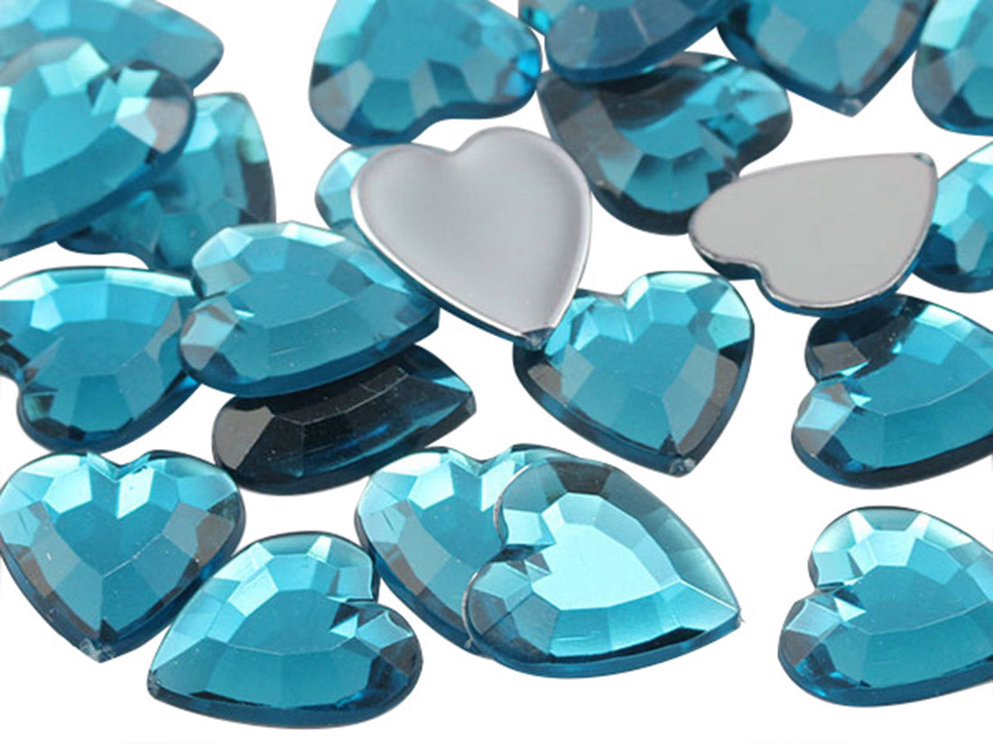 Blue Aquamarine Heart Flat Back Gems - 15mm - 40 Pieces