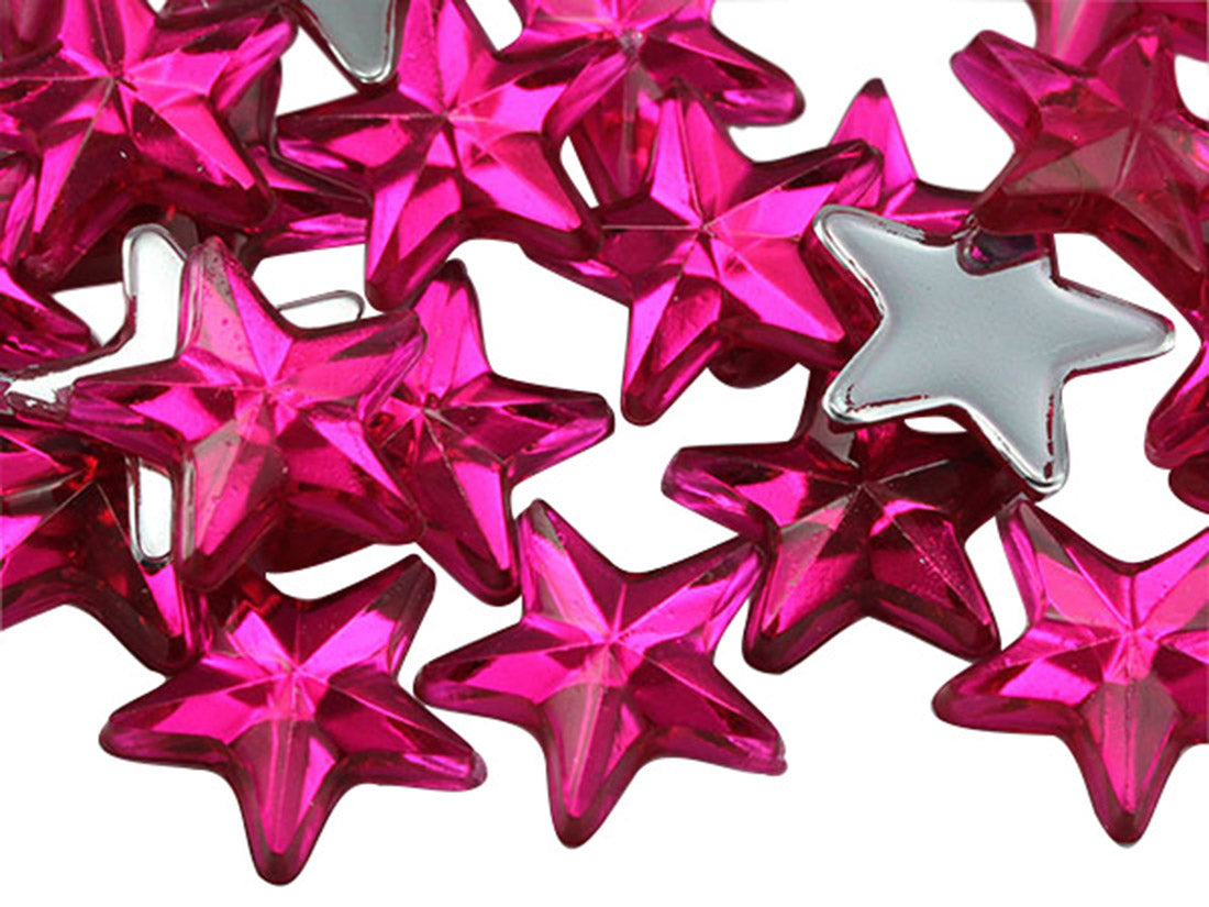 Pink Fuchsia Flat Back Star Gems - 15mm - 35 Pieces