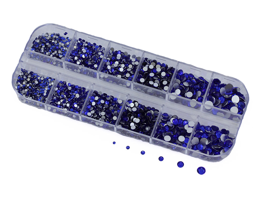Blue Sapphire Flat Back Glass Rhinestones Crystals For Nail Art Kit 6 Sizes (1.4mm - 4.8mm) - Over 2100 Pieces