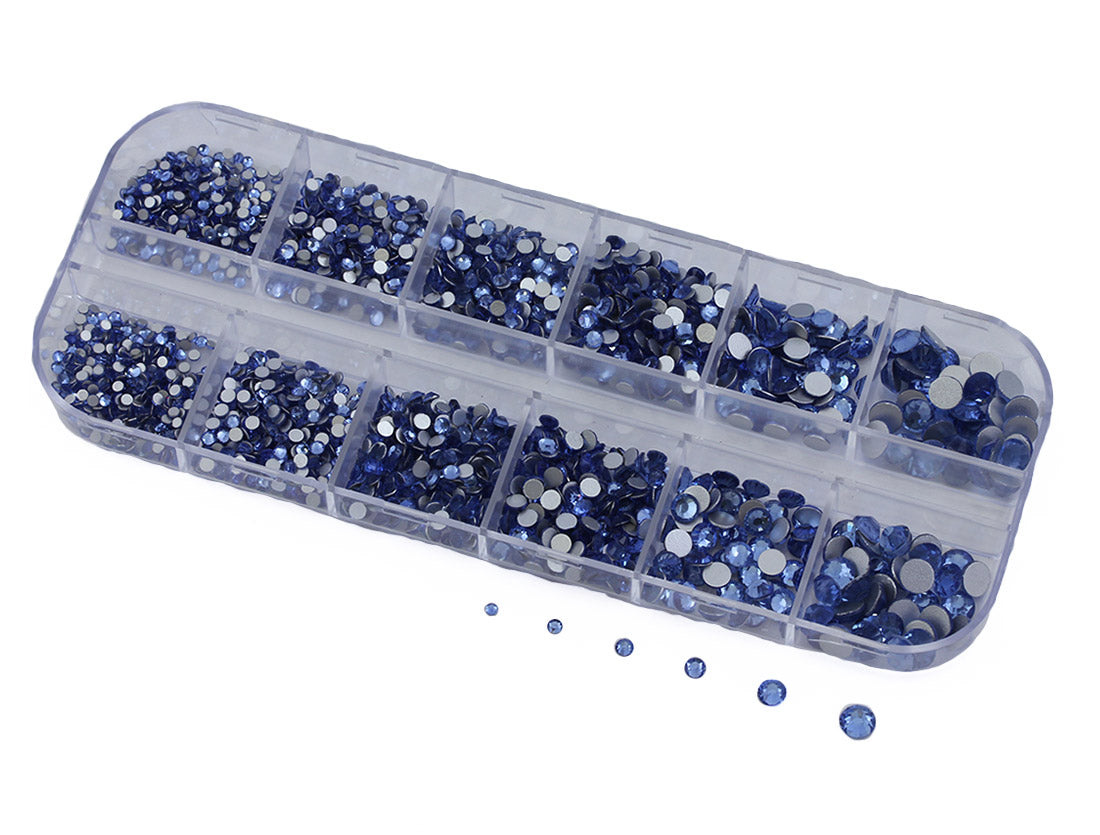 Blue Sapphire Light Flat Back Glass Rhinestones Crystals For Nail Art Kit 6 Sizes (1.4mm - 4.8mm) - Over 2100 Pieces