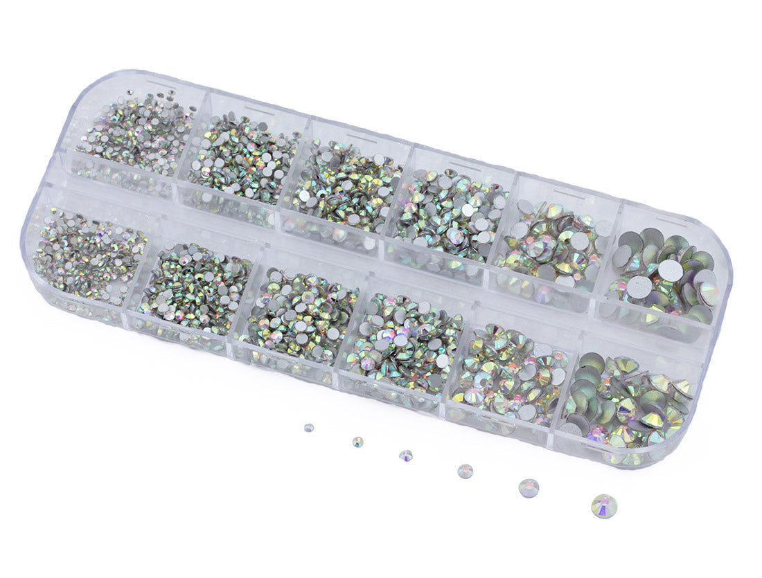 Crystal AB Flat Back Glass Rhinestones Crystals For Nail Art Kit 6 Sizes (1.4mm - 4.8mm) - Over 2100 Pieces