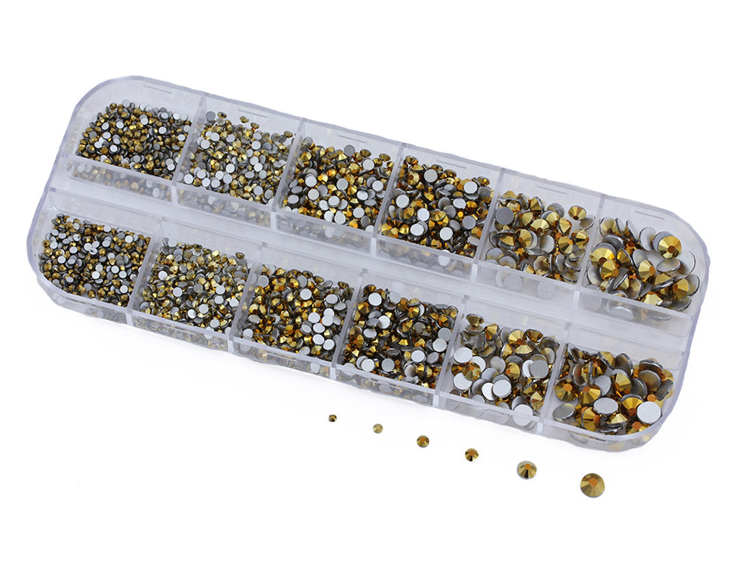 Gold Plated Flat Back Glass Rhinestones Crystals For Nail Art Kit 6 Sizes (1.4mm - 4.8mm) - Over 2100 Pieces