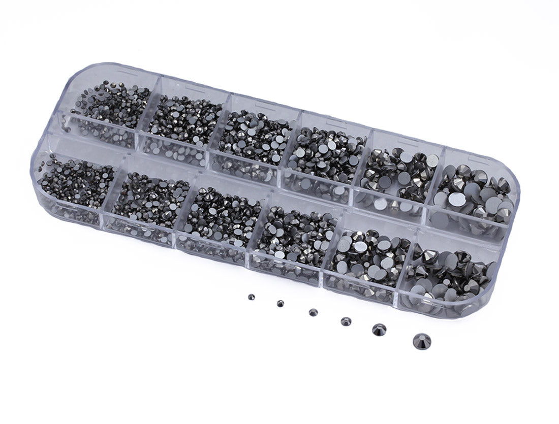 Gray Mineral Ash Flat Back Glass Rhinestones Crystals For Nail Art Kit 6 Sizes (1.4mm - 4.8mm) - Over 2100 Pieces