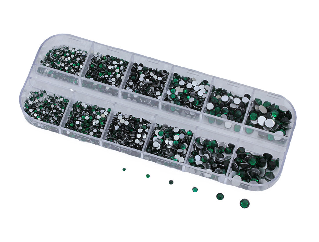 Green Emerald Flat Back Glass Rhinestones Crystals For Nail Art Kit 6 Sizes (1.4mm - 4.8mm) - Over 2100 Pieces