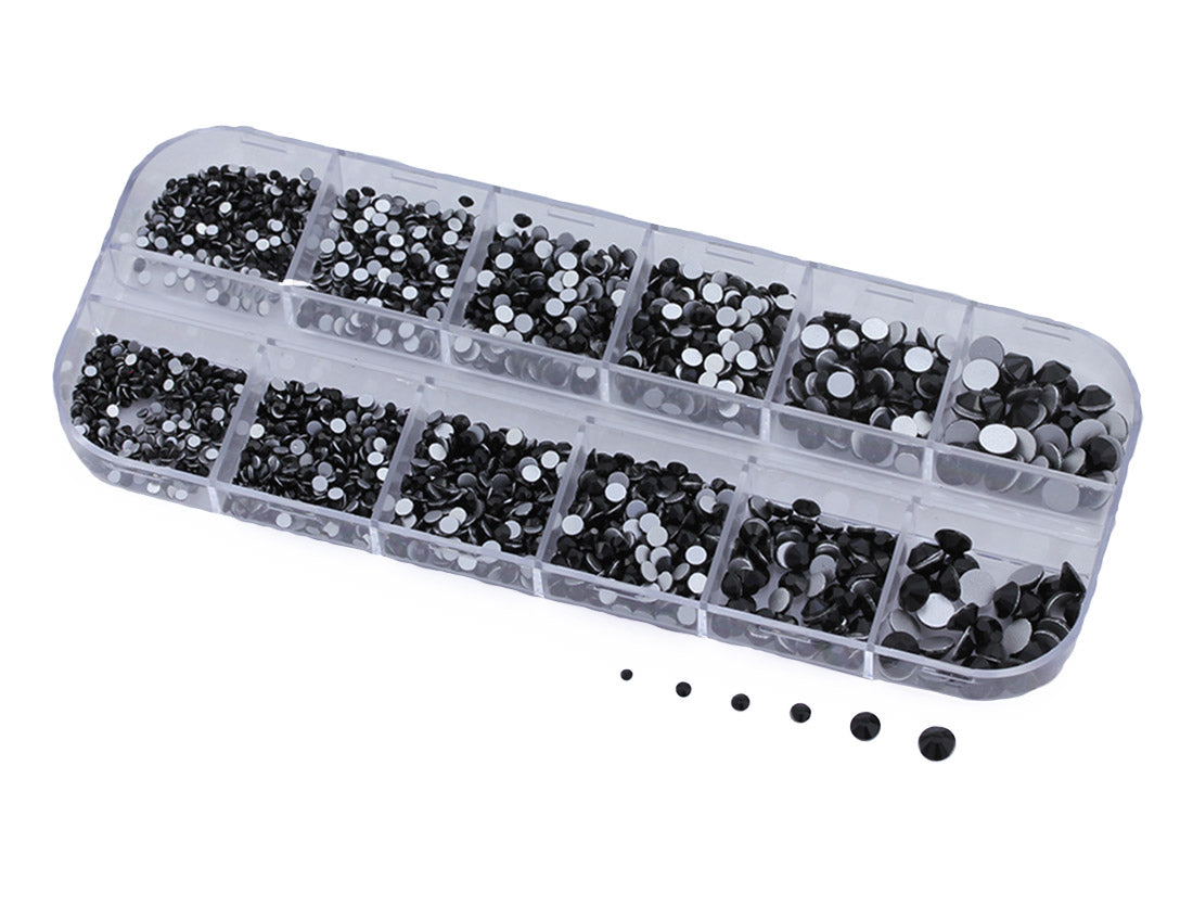 Jet Black Flat Back Glass Rhinestones Crystals For Nail Art Kit 6 Sizes (1.4mm - 4.8mm) - Over 2100 Pieces