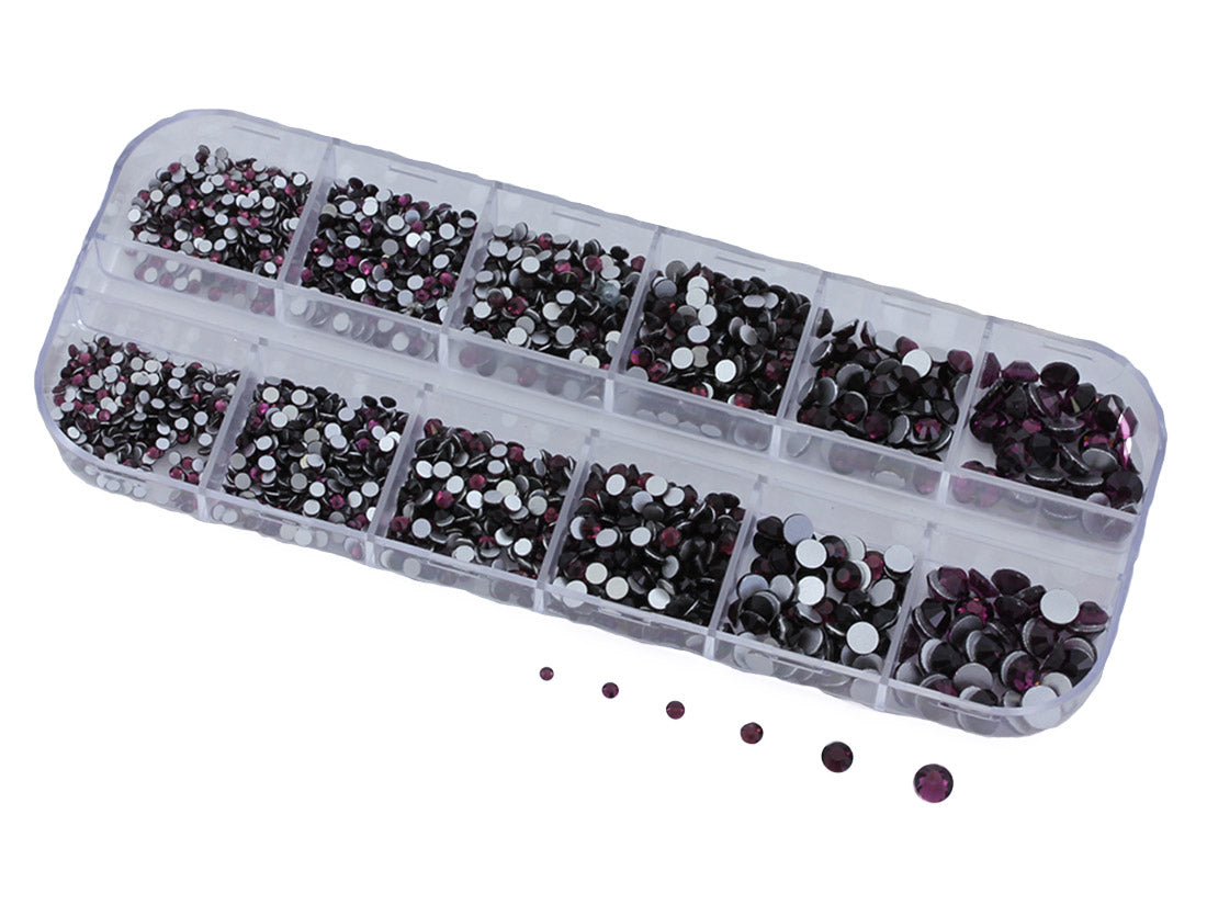 Purple Amethyst Flat Back Glass Rhinestones Crystals For Nail Art Kit 6 Sizes (1.4mm - 4.8mm) - Over 2100 Pieces