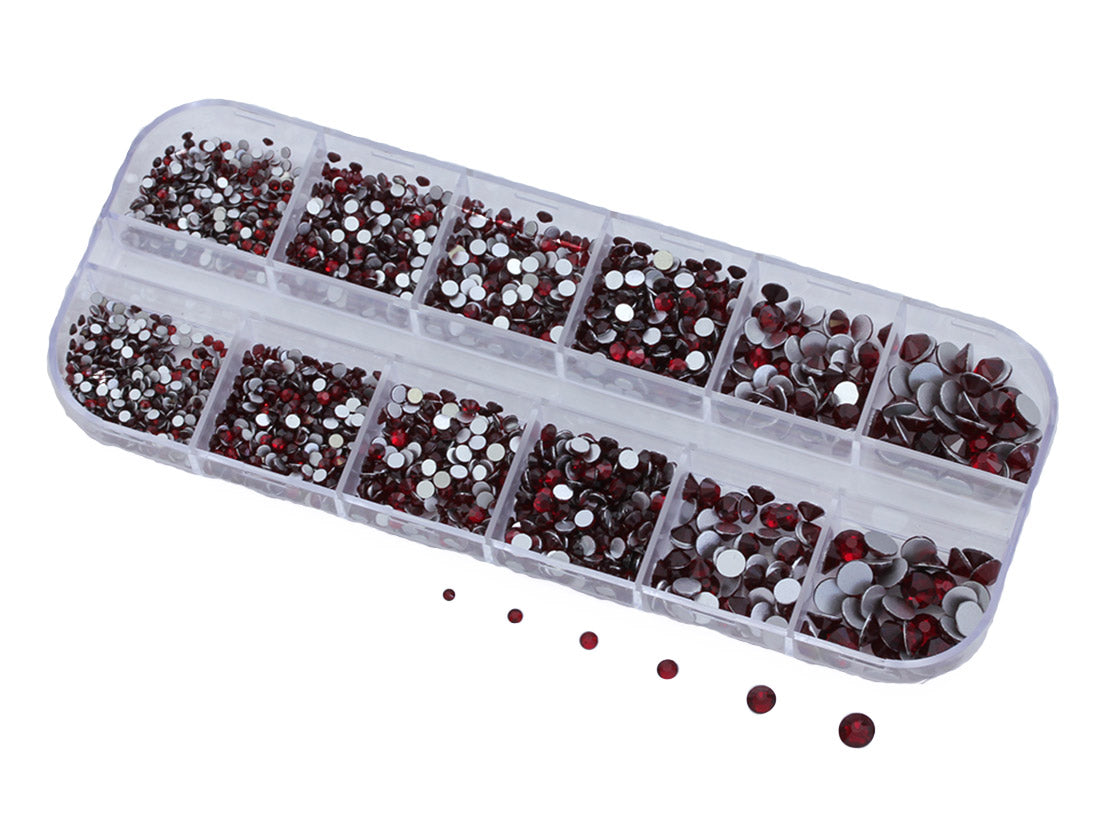 Red Ruby Garnet Flat Back Glass Rhinestones Crystals For Nail Art Kit 6 Sizes (1.4mm - 4.8mm) - Over 2100 Pieces