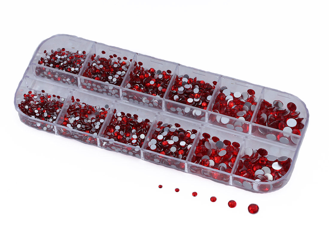 Red Ruby Light Siam Flat Back Glass Rhinestones Crystals For Nail Art Kit 6 Sizes (1.4mm - 4.8mm) - Over 2100 Pieces