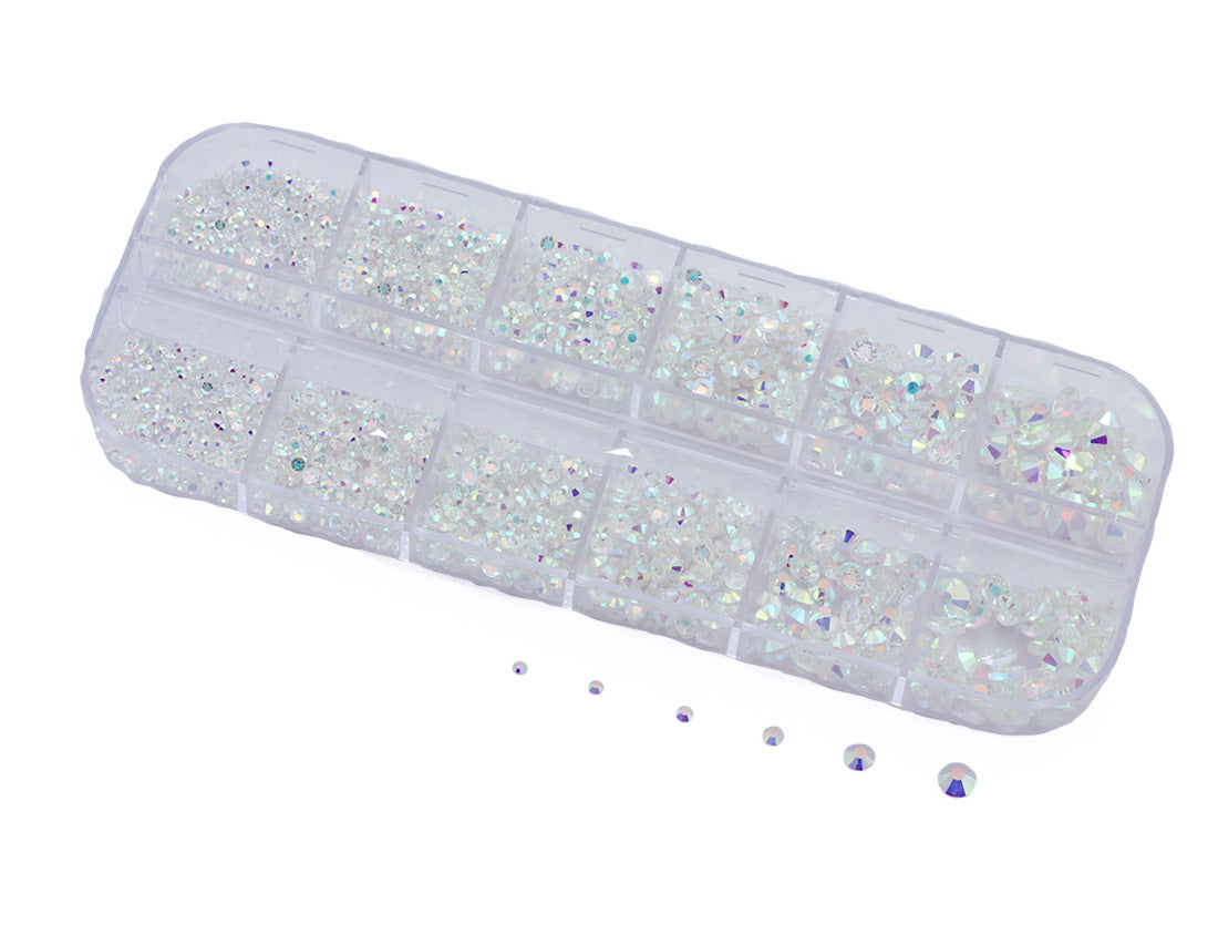 Transparent AB Flat Back Glass Rhinestones Crystals For Nail Art Kit 6 Sizes (1.4mm - 4.8mm) - Over 2100 Pieces