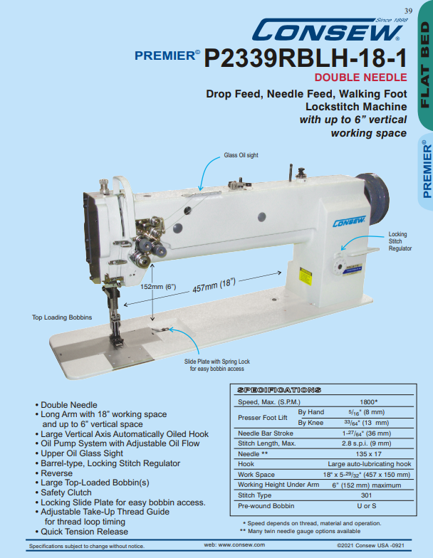 Consew Premier P2339RBLH18 DoubleNeedle WalkingFoot Industrial Lockstitch  Complete Set w/ Servo Motor & Table