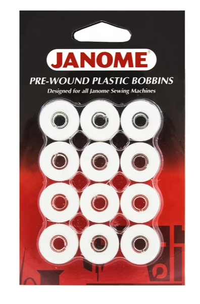 Janome Pre-wound Plastic Bobbins - White 12pk