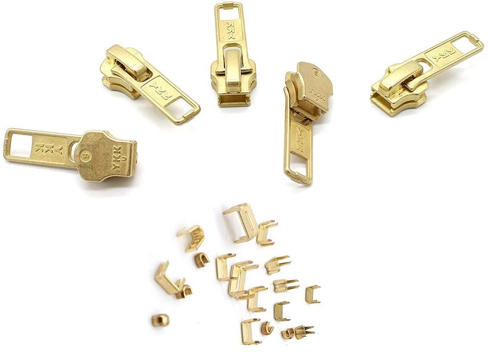 Zipper Repair Kit - #5 YKK Brass Auto Lock Sliders - 5 Sliders Per Pack with Top & Bottom Stoppers Included
