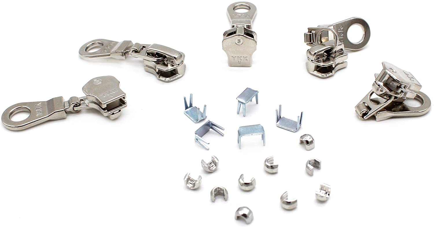 Zipper Repair Kit - #5 YKK Nickel Donut Auto Lock Sliders - 5 Sliders Per Pack with Top & Bottom Stoppers Included - Made in The United States