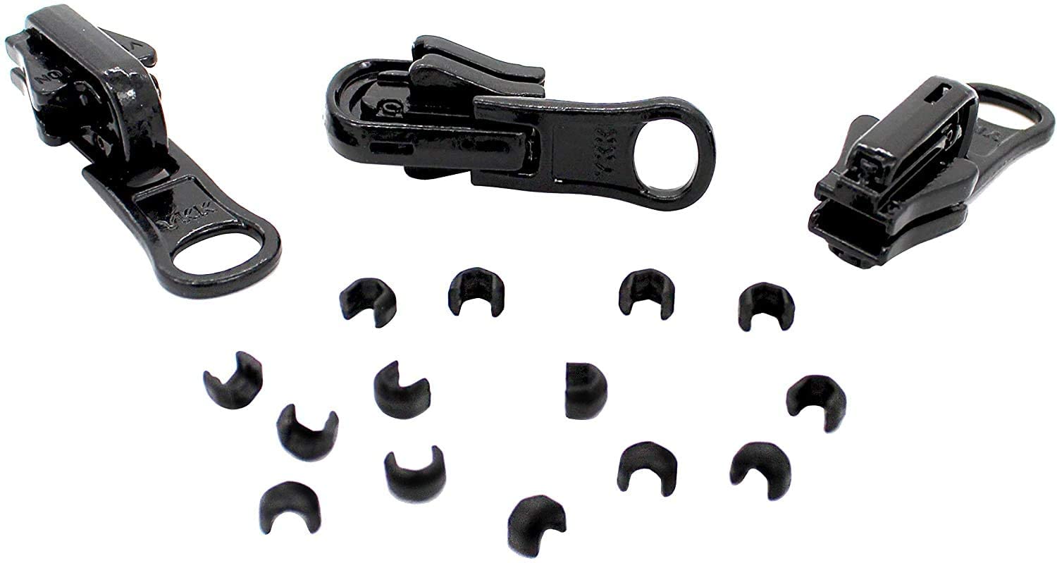 Zipper Repair Kit - #5 YKK Vislon Reversible Sliders - 3 Sliders + 14 Top Stops - Made in The United States - Color: Black
