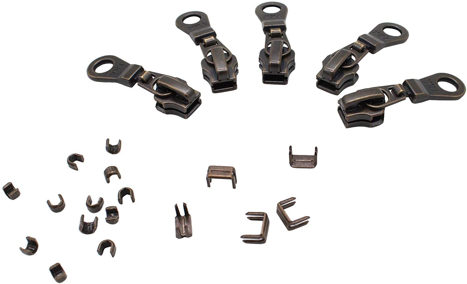 Zipper Repair Kit - #5 Zipper Sliders with Donut Pulls - Fancy Zipper Slider Replacement - 5 Sliders with Top and Bottom Stoppers - Antique Brass - Made in...