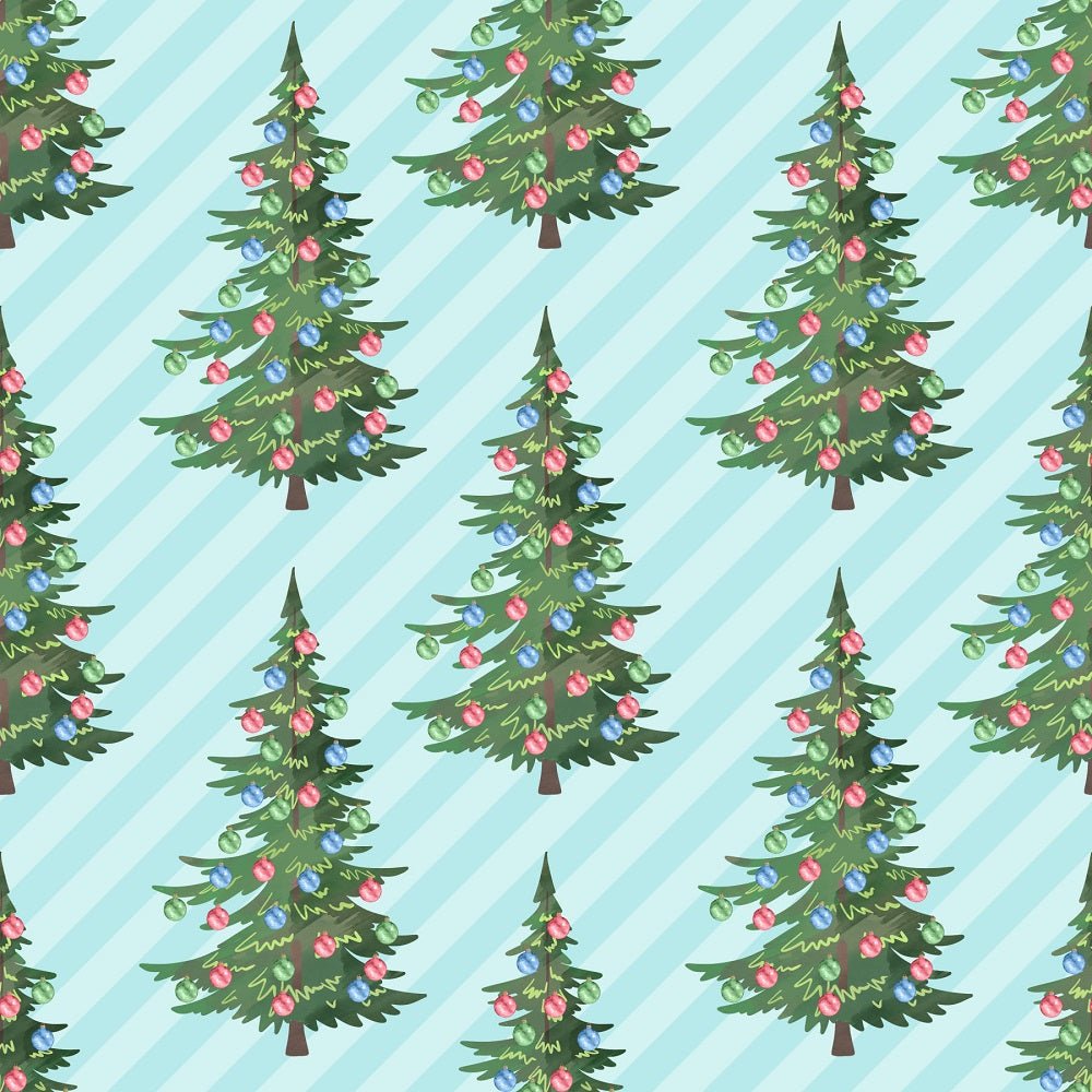 Christmas Trees on Diagonal Stripes Fabric - Blue