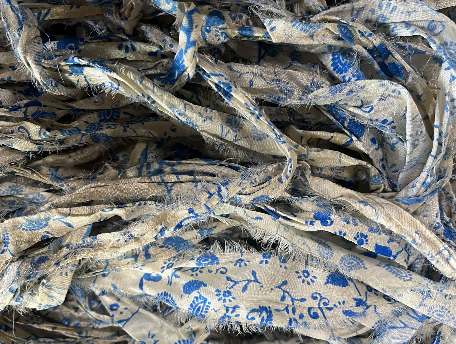NEW Retro Print Blue/White/Ivory Recycled Sari Silk Ribbon