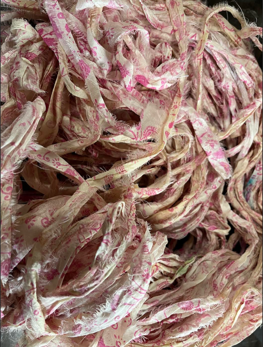 NEW Retro Print Pink/White/Ivory Recycled Sari Silk Ribbon