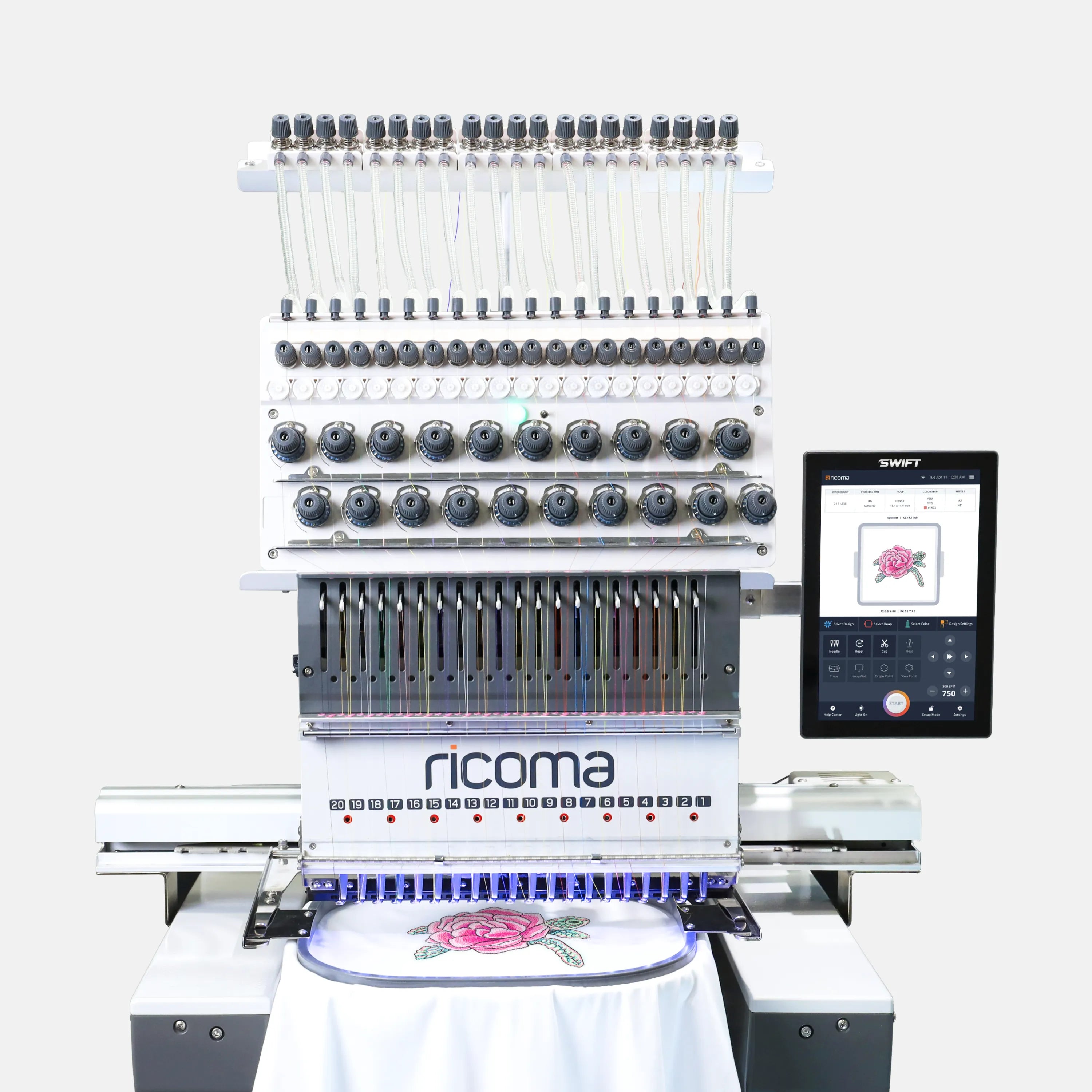 Swift 20-Needle Commercial Embroidery Machine with 10.1" Touchscreen Panel
