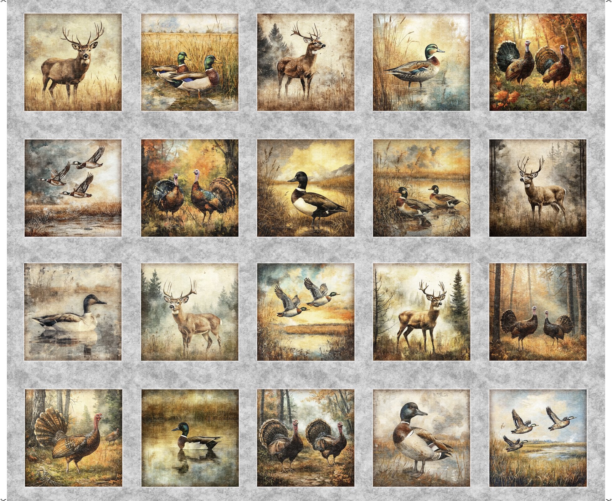 Quilting Treasures Fabric - Forest, Field and Streams, Wildlife Picture Panel, Gray 36"
