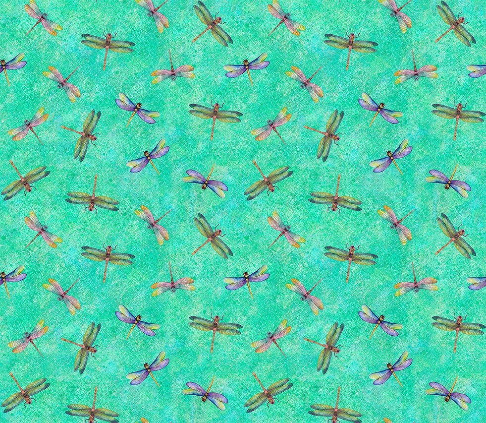 Clothworks Fabric - Lily Pond, Dragonflies, Turquoise || SOLD BY THE HALF YARD