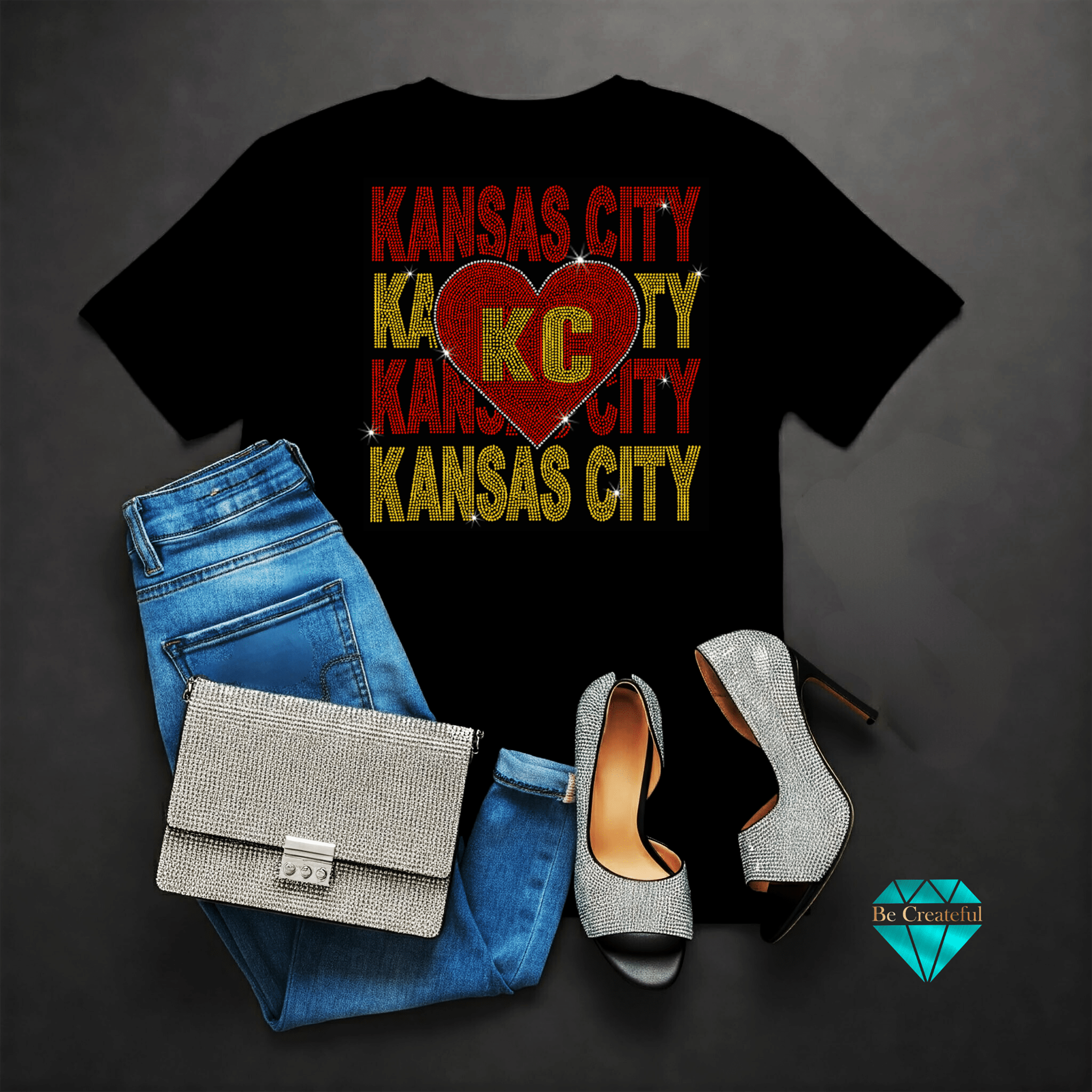 Kansas City Stacked Heart  Rhinestone Transfer