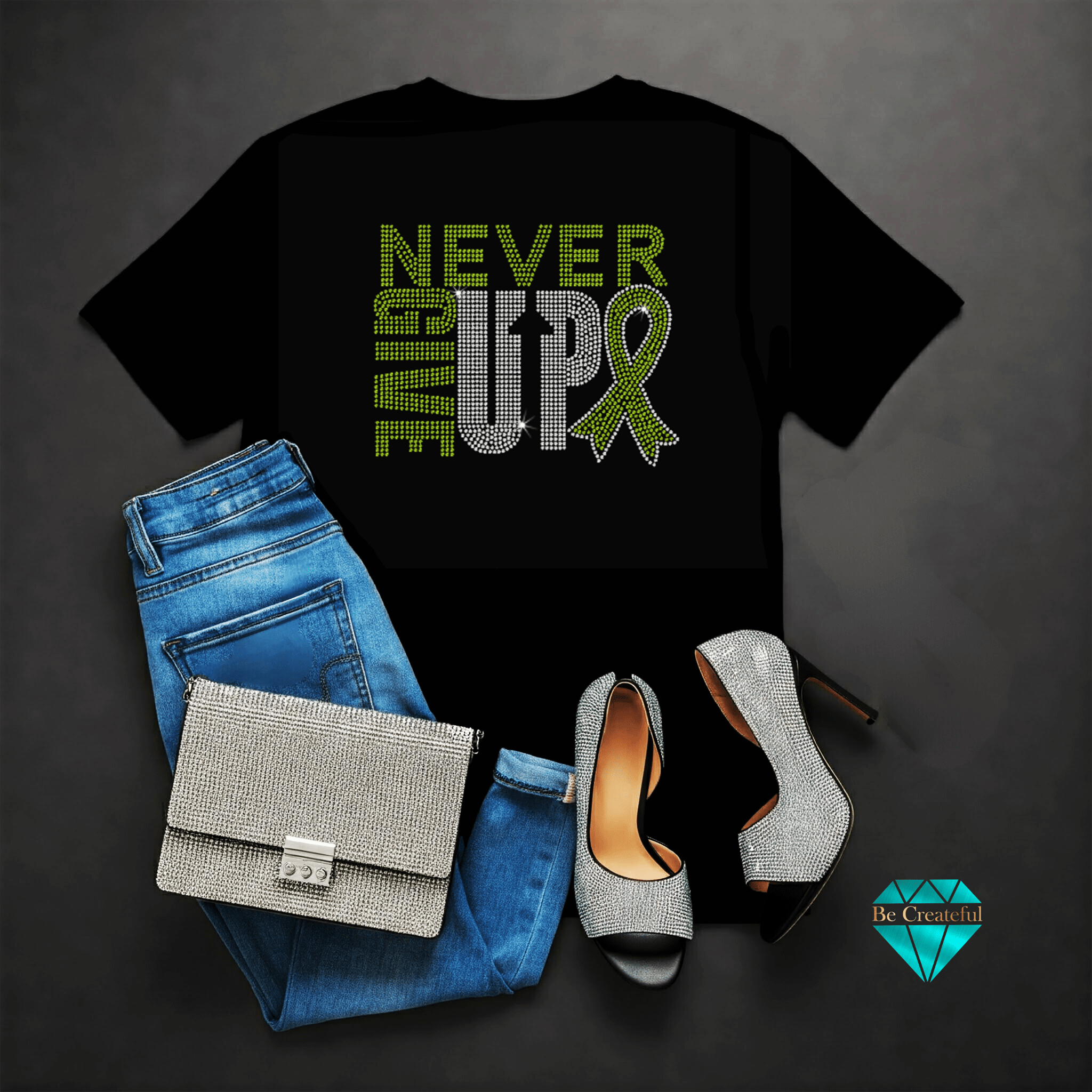 Never Give Up Cancer Awareness Rhinestone Transfer