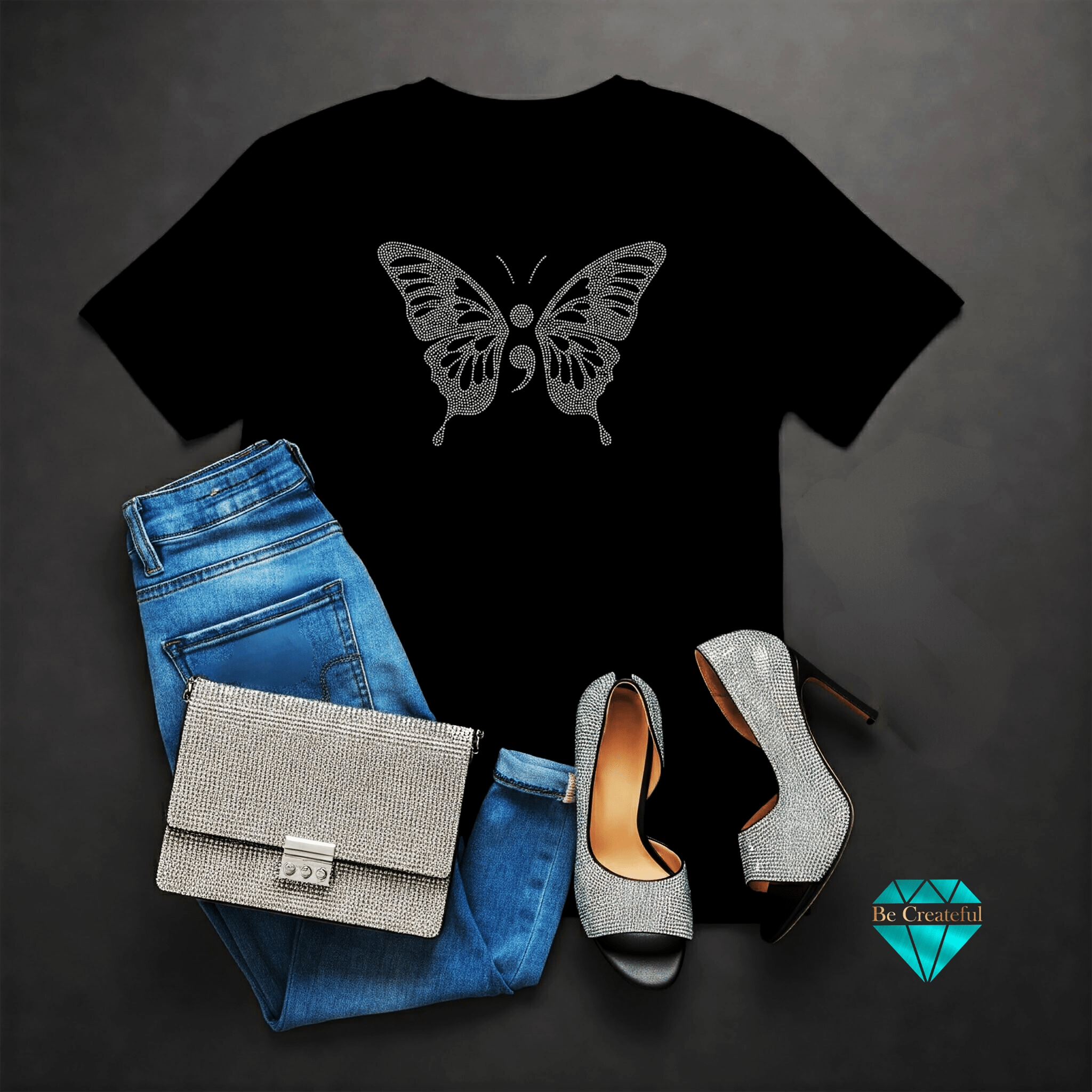 Semicolon Butterfly Rhinestone Transfer