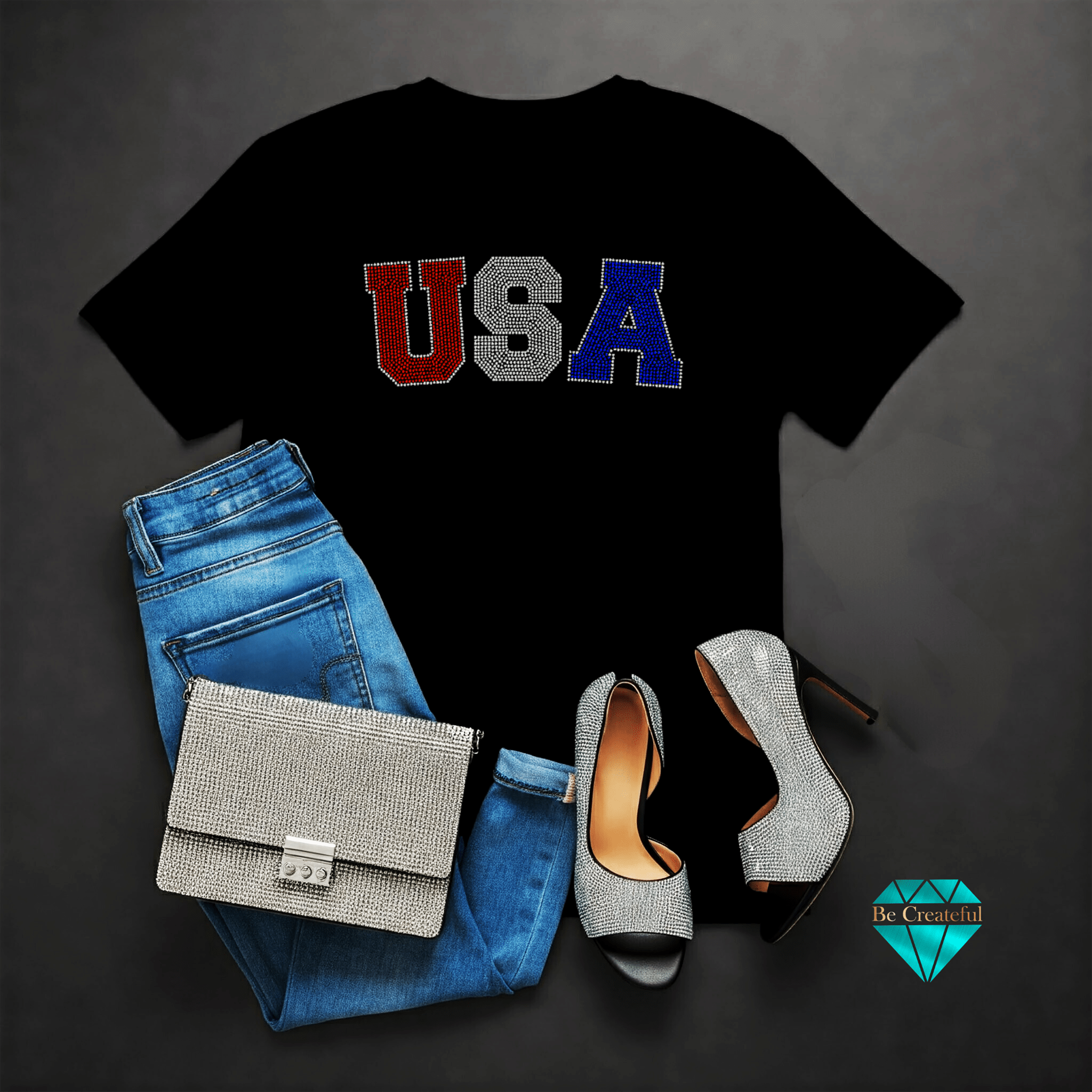 USA with outline Rhinestone Transfer