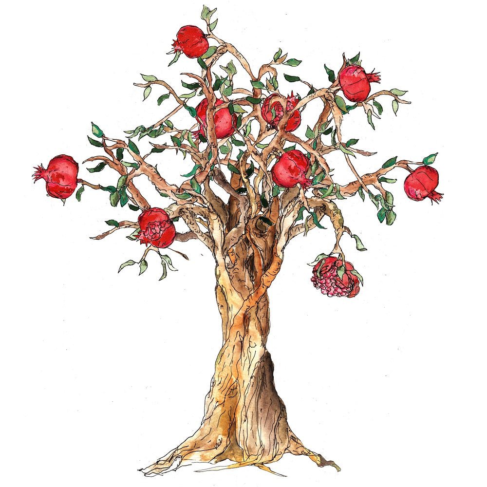 Watercolor Pomegranate Tree Fabric Panel