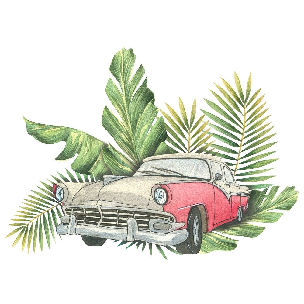 Watercolor Tropical Leaves and Vintage Car Fabric Panel