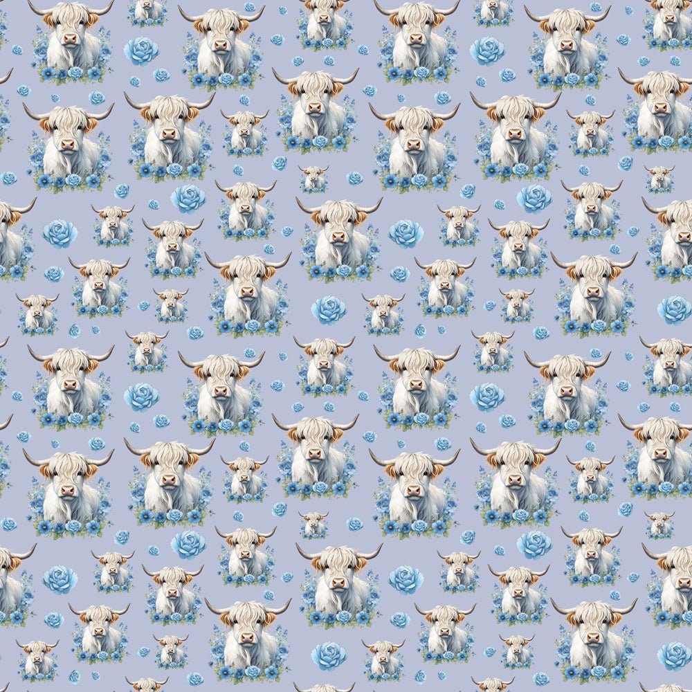 White Highland Cows & Blue Flowers Fabric - Blue