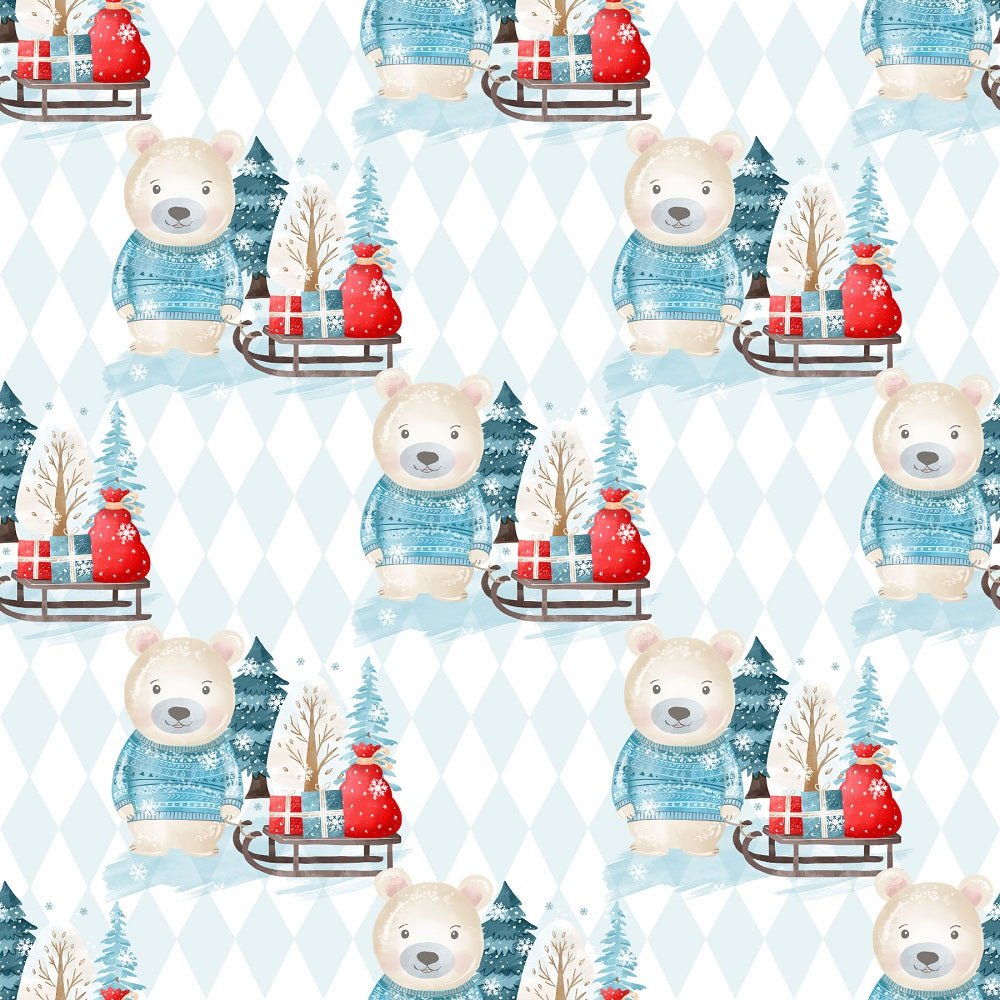 Winter Bear Blue Checkered Fabric
