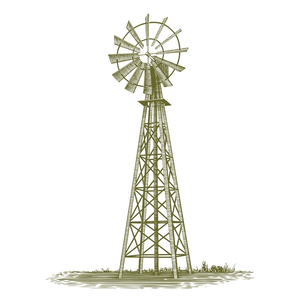 Woodcut Windmill Fabric Panel