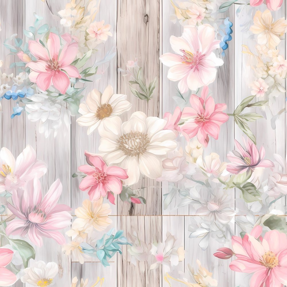 Vintage Florals on Wood Planks #18 Fabric