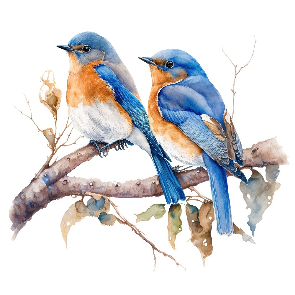 Watercolor Bluebird Scene #3 Fabric Panel
