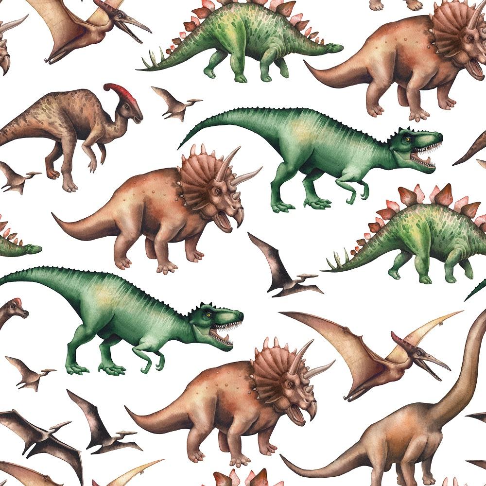 Watercolor Dinosaurs Fabric - White