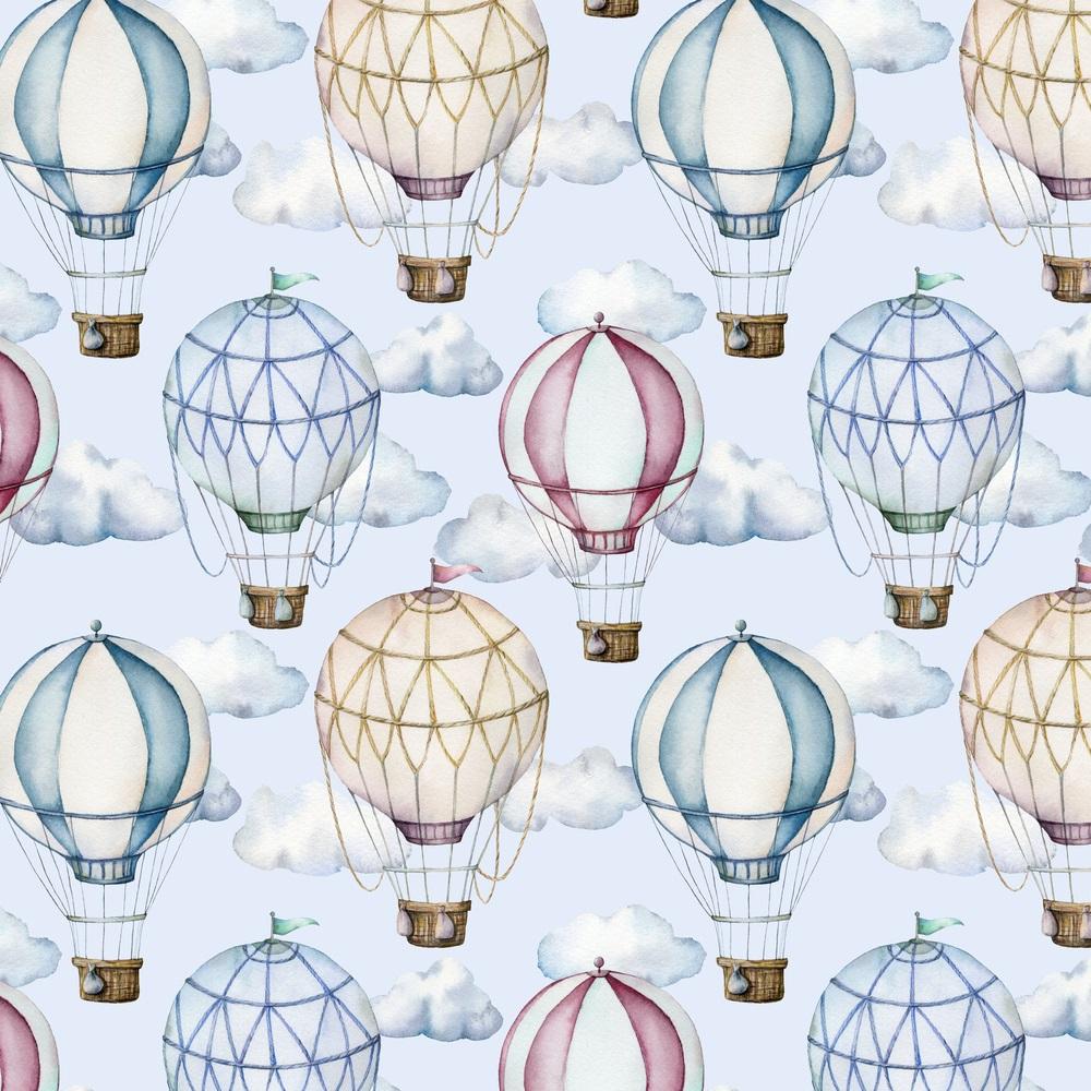 Watercolor Hot Air Balloons & Clouds Fabric - Blue