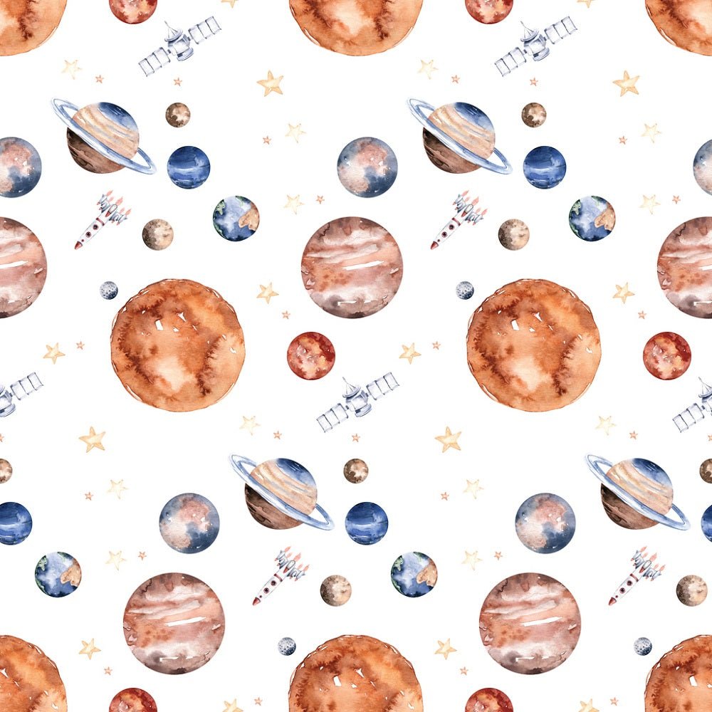 Watercolor Planets of the Universe Fabric - White