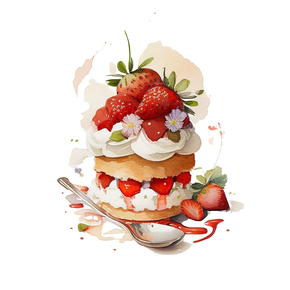 Watercolor Strawberries & Pastries Fabric Panel