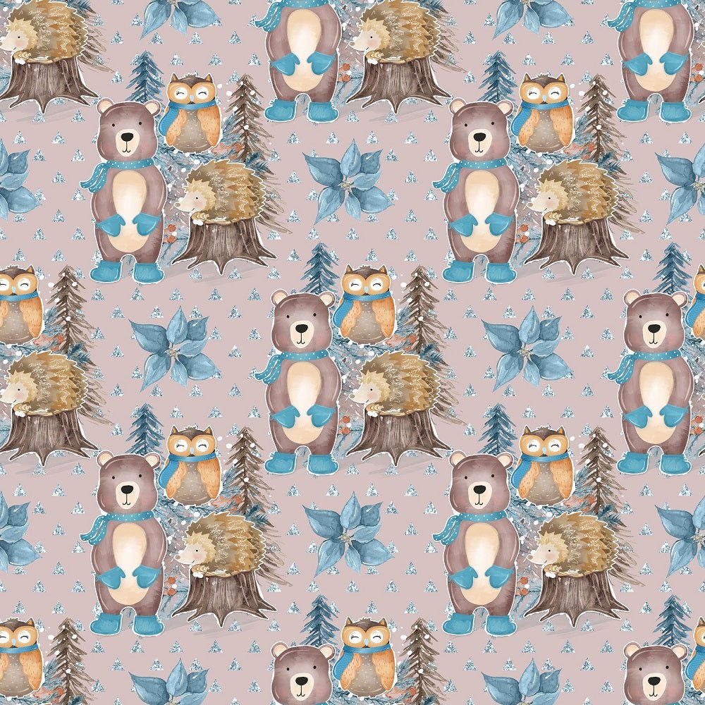 Winter Animals Scene on Shiny Triangles Fabric