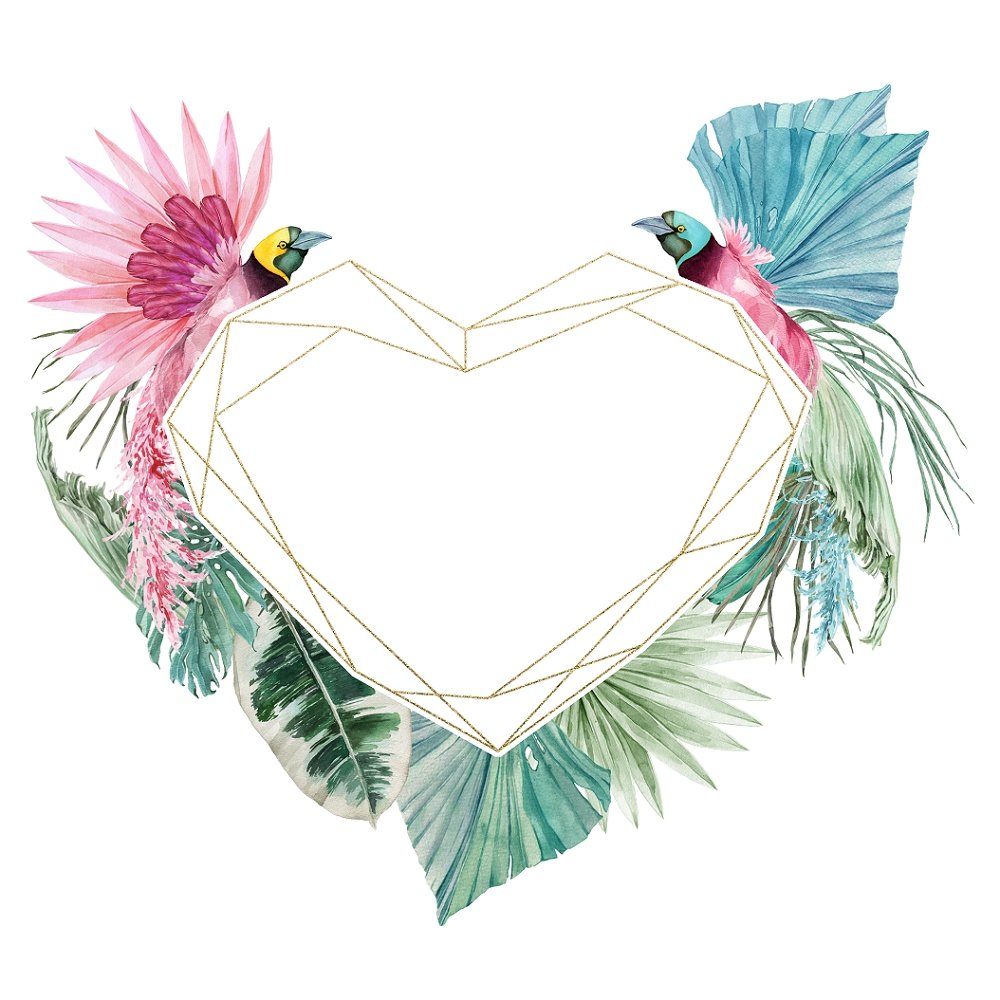 Tropical Love Heart Parrots with Leaves Fabric Panel