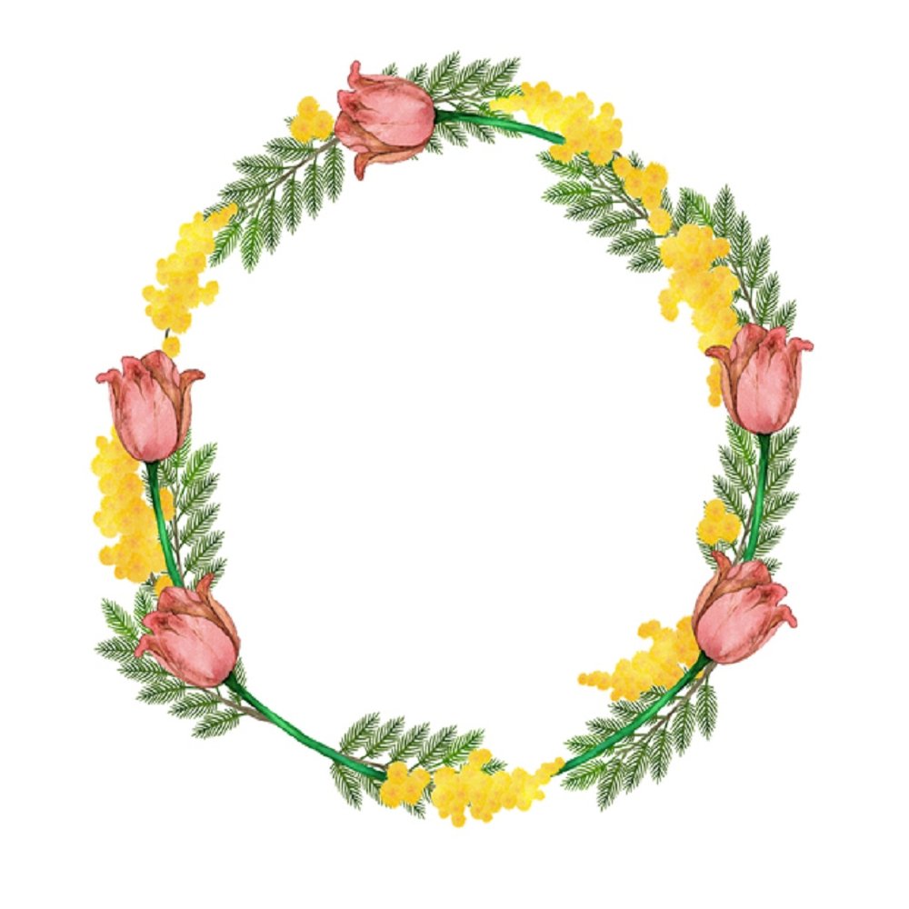 Watercolor Floral, Mimosa And Tulip Wreath Fabric Panel - White