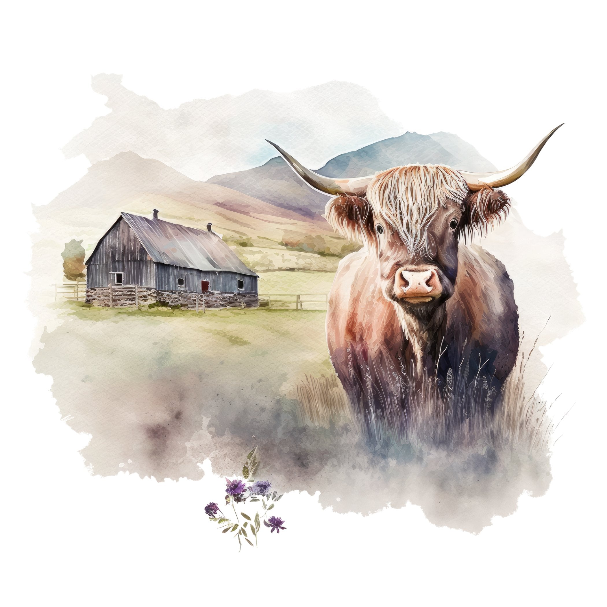 Watercolor Highland Cow Scene #4 Fabric Panel