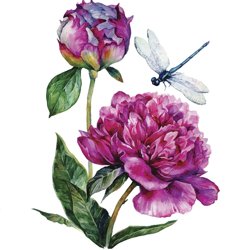 Watercolor Peony & Dragonfly Fabric Panel - Purple